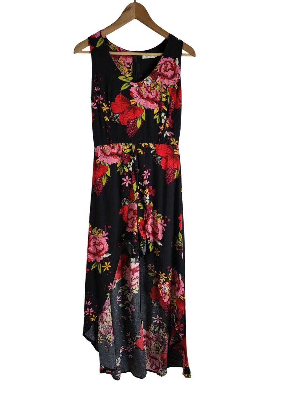Kor Mei Sleeveless Floral Maxi Romper High Low Split Hem Flowy Red & Blk Size XS